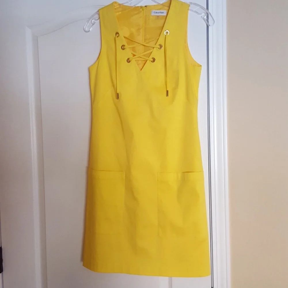 Calvin Klein Yellow Lace-Up Midi Dress